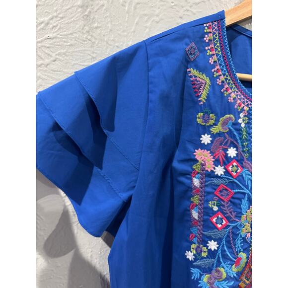 Calessa Blue Embroidered Peasant Blouse Size XL - Picture 1 of 6